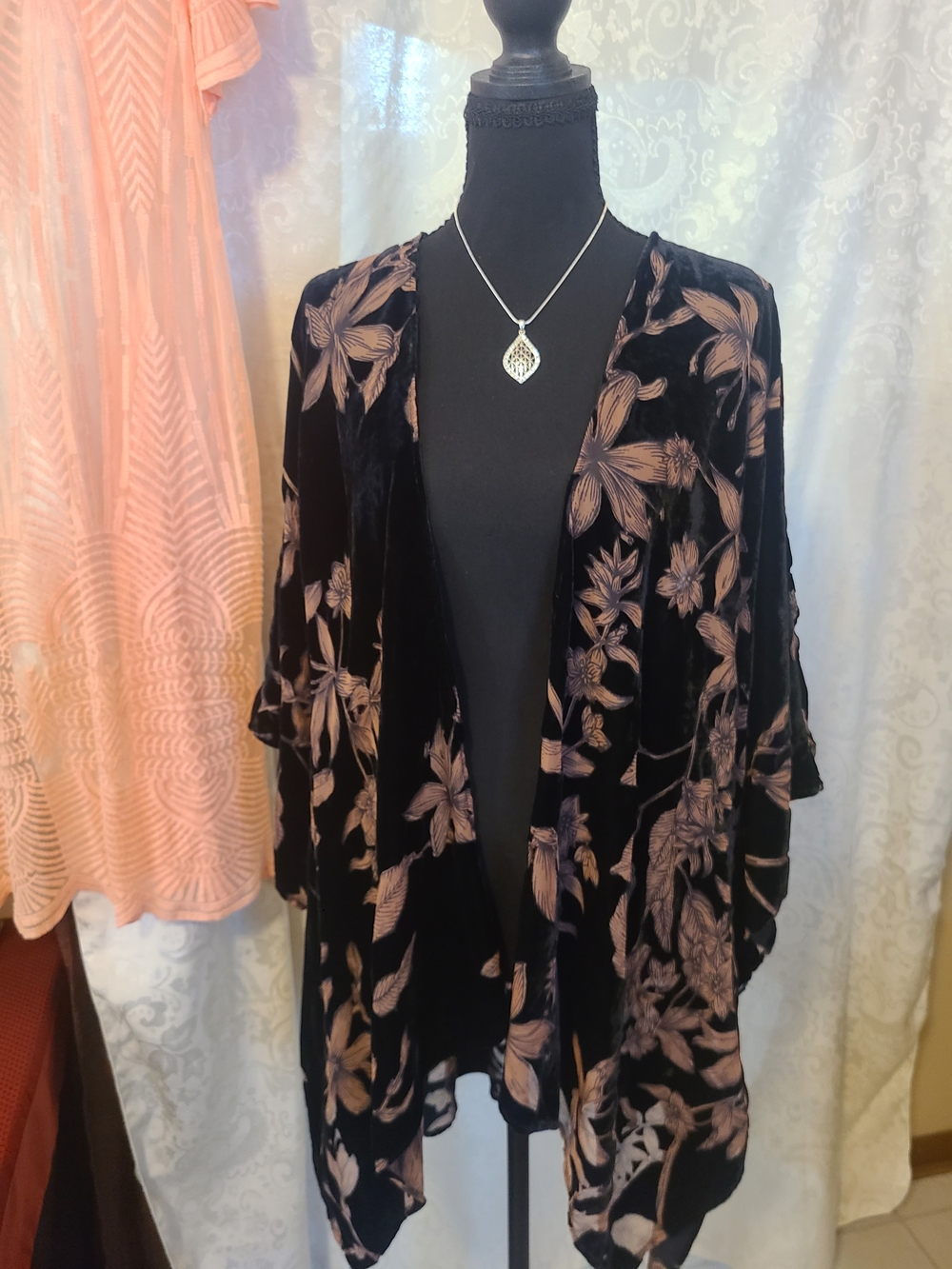 Women's Black Velvet Floral Kimono Cardigan with Blush Floral Print